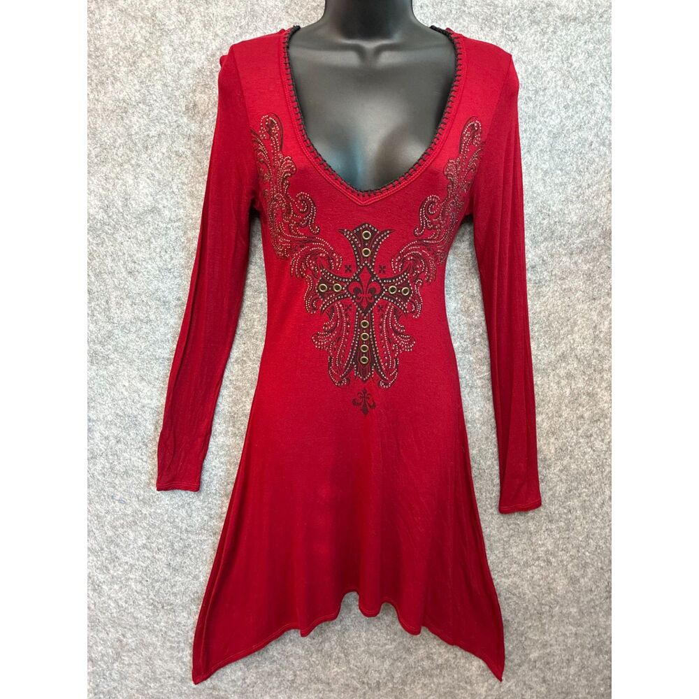 Vintage Y2K Vocal Tunic Dress Size M Rhinestone Cross Whimsigoth Grunge FLAWED